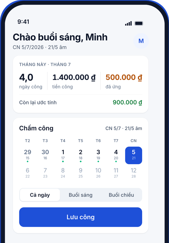 Màn hình Trang chủ với lịch âm